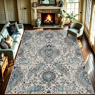 WUTONG Teppich Groß 240x300 cm Blau Grau, Orient-Vintage Faux Cashmere | Kurzflor Rutschfest mit TPR-Rücken, OEKO-TEX Zertifiziert, Waschbar, Großer Wohnzimmerteppich