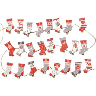 24 Klammern Adventskalender zum Befüllen Socken rot grau Holz Band Weihnachten