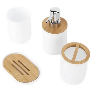 4-teiliges Bambus-Badezimmer Accessoires Set, Komplette Bad-Zubehör-Sets Inklusive Zahnbürstenhalter, Seifenschale, Lotionspender und Mundspülbeche