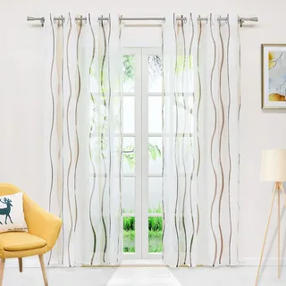 Delien Voile Gardine mit Streifen Design transparenter Vorhang mit Ösen Wohnzimmer Gardinenschals BxH 140x225cm Sand, 1 St.