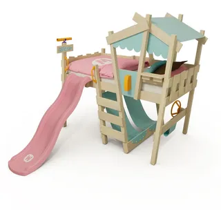 Wickey Kinderbett CrAzY Snuggy Massivholz-Hochbett mit Leiter, Lenker & Rutsche (opt) (Spielbett mit optionaler 175 cm Rutsche für maximalen Spielspaß, Abenteuer-Etagenbett mit Zubehör – auf Wunsch mit Rutsche), Massivholz-Konstruktion für Sicherheit und langlebigen Spielwert blau