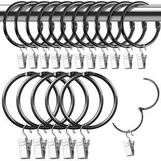 Hengxinchen 15 Stück Gardinenringe Gardinen Klammern Set | 50 mm Edelstahl Vorhangringe Metall Duschvorhangringe Gardinenringe mit Vorhang Clips für Vorhänge, Gardinenstangen (schwarz)