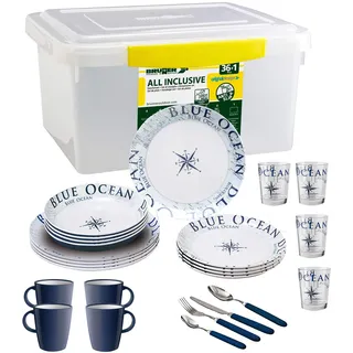 BRUNNER Melamin-Geschirr Campinggeschirr (37tlg) BLUE OCEAN ALL INCLUSIVE | Antislip (Antirutsch), 4 Personen, Leicht, Bruchfest, Teller Besteck & Becher, Wohnmobil Wohnwagen & Boot & Grill + Picknick