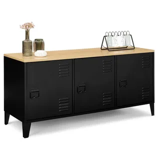 IDMarket - Niedriges Lowboard 113 cm Ester 3 Türen Metall schwarz Holzplatte Industriedesign