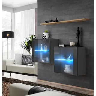 JVmoebel Wohnwand Designer-Wohnwand in Grau aus hochwertigem Holz mit Vitrinen, (3-St., Nur 2x Hänge Vitrine + Wandregal), Made in Europa braun|grau
