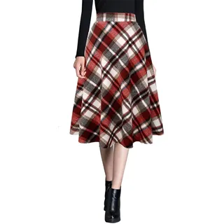 Ylingjun Damen Warme Wolle Midi Röcke Winter Herbst Hohe Elastische Taille A Linie Ausgestellte Wollröcke, Weinrot, Klein - S