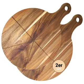 hausleben Pizzaschneidebrett Pizzabrett - Rundes Schneidebrett mit Griff und Schneiderillen, Akazien Pizzabrett, (Holz Pizzateller für Flammkuchen, 2-St., 2 Servierplatten), Holzteller Servierbrett für Pizza, Leicht zu Reinigen Ø 33 cm