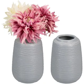 Relaxdays Vasen Set, 2 Blumenvasen, HxD: 15 cm, Frisch- & Trockenblumen, Dekovase aus Keramik, grau