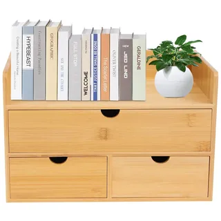Minikommode & 2-stöckig Schubladenbox Holz - Schreibtisch Organizer aus Bambus, Natur Design - Kosmetik Organizer und Aufbewahrungsbox Holz für Homeoffice, Schminktisch