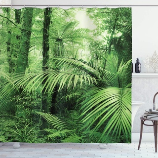 ABAKUHAUS Regenwald Duschvorhang, Palmen exotische Pflanzen, Stoffliches Gewebe Badezimmerdekorationsset mit Haken, 175 x 240 cm, Grün