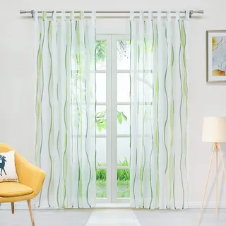 Delien Voile Gardine mit Streifen Design transparenter Vorhang mit Schlaufen Wohnzimmer Gardinenschals BxH 140x225cm Grün, 1 St.