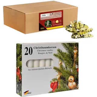 Idena 90489 - Baumkerzenhalter für den Weihnachtsbaum, 20 Stück in Gold inkl. 20 Baumkerzen in Weiß, Vintage Kerzenhalter aus Metall, mit Clip für Äste bis 1,5 cm Dicke