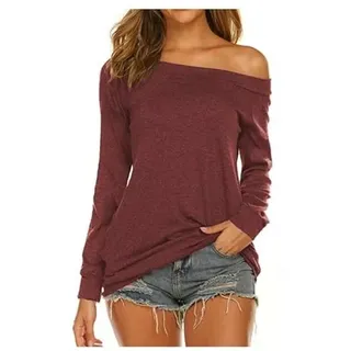 Rongseng Langarmshirt Damen Schulterfrei Oberteil Elegant Langarm Top Sexy Off Shoulder Pullover Casual Longshirt Bluse Tunika Trendy Tshirt Sweatshirt - XL