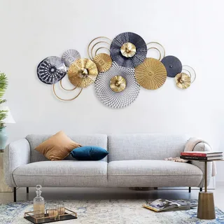 fikujap Wanddeko Metall, Wandskulptur Metall, Metall Wandobjekt Kreise, Metallbild 3D, Runde Metallwanddekoration, Wandschmuck, Wandornament, Perfekte Für Deko-Objekt Wohnzimmer 122x56Cm,A