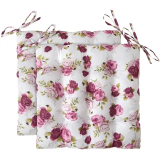 wometo 2er Set Sitzkissen Stuhlkissen 40x40 Oeko-TEX - Landhaus Rosen-Motiv rosa pink weiß mit Bändern/Schleifen für Indoor und Outdoor