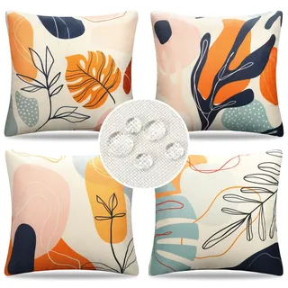 Kissenbezug 50x50 4er Set Boho Abstrakt Blätter Outdoor Kissen Sofakissen Dekokissen Kissenhülle Frühling Sommer Wasserfest Leinen Kissenbezüge für Sofa Schlafzimmer Wohnzimmer Zuhause Dekoration