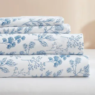 HighBuy Luxuriöse weiche California-King-Size-Sheets Set Weiß – Vintage Floral Sheets Cooling Bed Sheets California King – 4 Stück Blue Floral Sheet Set – 4 Stück – 40 cm (16 Zoll) extra Tiefe