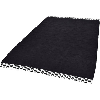 Teppich Happy Cotton, THEKO, rechteckig, Höhe: 5 mm, Handweb Teppich, Flachgewebe, reine Baumwolle, handgewebt, mit Fransen schwarz 160 cm x 230 cm x 5 mm