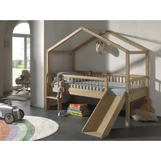 Halbhohes Hausbett Rutsche Lattenrost 90x200 Spielbett Eiche massiv natur geölt