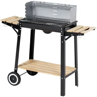 ARO Holzkohle Grillwagen, Grillfläche 48 x 28.5 cm, Seiten- und Untenablage, fahrbar, Stahl/Holz, silber