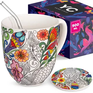 YC YANG CHAI Jumbotasse 900ml - große Tasse aus Knochen Porzellan - XXL Teetasse Geschenkset mit Untersetzer - Tasse Geschenk - Jumbobecher, Riesen Becher für Tee, Kaffee, Kakao, Latte, Milchkaffee