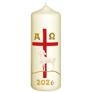 Kopschitz Kerzen Osterkerze Kreuz rot, Lamm, A und O, Jahreszahl 140 x Ø 50 mm