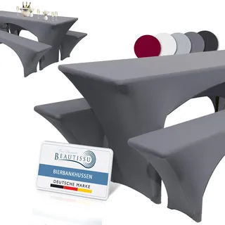 Beautissu Stretchhussen Set 3tlg. für Bierzeltgarnitur mit Biertisch | 220x70cm Anthrazit elastische festliche Hussen für Edles Husse Bierbank Sitzbezug Tischdecke stehtische Victoria