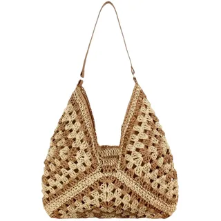 HSTWODE Stroh Strandtasche klein Damen - Korbtasche Geflochten mit leder,Boho Basttasche Netz Shopper für Reisen&Urlau (Hellbraun) - 33*35*1cm