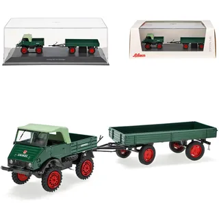 Generisch Mercedes-B Unimog U401 Pritsche mit Anhänger Grün 1953-1956 1/43 Schuco Modell Auto mit individiuellem Wunschkennzeichen