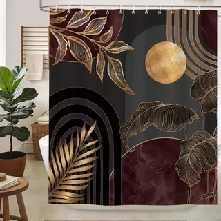 hometrixx Boho Duschvorhang Schwarze Braun Gold Blätter Geometrisch 180x200 | Wasserdicht Polyester, Maschinenwaschbar, Badevorhänge mit 12 Ringe, Schimmelresistent Badezimmervorhang für Dusche Bad