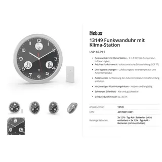 MEBUS Funkwanduhr 30 cm 13149 grau