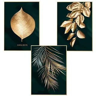 Martin Kench 3er Set Design Poster Wald Gold Blatt Palme ohne Rahmen Wanddeko Wohnzimmer