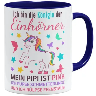 OM3® Einhorn Tasse mit Spruch I - ich bin die Königin der Einhörner - Keramik Becher - 11oz 325ml - Beidseitig Bedruckt - Dunkelblau