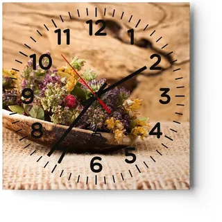 Modern Wanduhr Kraut Tee Bio getrocknete Kräuter 30x30cm Quadrat Klein Wand Uhr Glas Analog Zimmeruhren Küche Büro Wohnzimmer Glasuhr Wall Clock Dekoration Design Küchenuhr C4AC30x30-2471