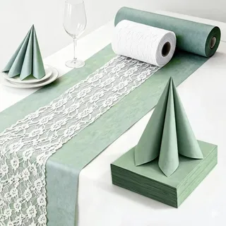 Tischläufer Eukalyptus Grün & Weiß, 2 Rollen Tischdeko Set für Taufe konfirmation Jugendweihe Hochzeit und Geburtstag Deko, Vlies Tischläufer (30 cm x 25 m) & Spitzenband (15 cm x 22 m) & Servietten
