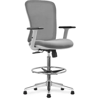 Waytex Büro-Hochstuhl, höhenverstellbar 60-84 cm, mit Fußstütze, verstellbaren Armlehnen und Rollen oder festen Beinen, für hohen Schreibtisch, Zeichentisch, Stehtisch, Kiste, Theke, Hellgrau