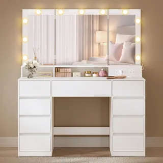 VASAGLE Schminktisch mit LED-Beleuchtung, Frisiertisch mit Klappspiegel, Schubladen, Steckdosen, einstellbare Lichtfarben, weiß - Weiß