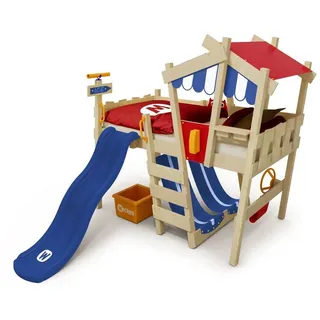 Wickey Kinderbett Crazy Hutty - Spielbett mit Rutsche 90 x 200 cm, Etagenbett (Holzpaket aus Pfosten und Brettern, Spielbett für Kinder), Massivholzbett blau|rot