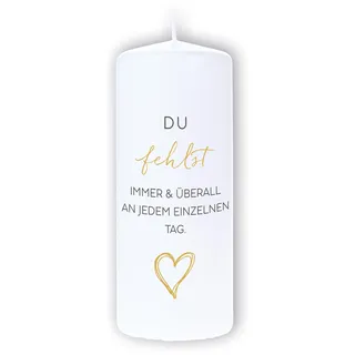DOLORINO Trauerkerze mit Spruch "Du fehlst immer & überall an jedem einzelnen Tag" | liebevolles Symbol des Trostes | made in Germany | 120 Std. Brenndauer | 8x20cm