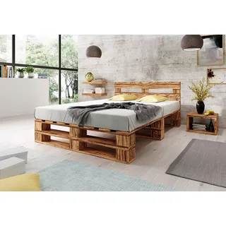 Lermowood Palettenbett M2 aus Holz 200 x 200 cm Geflammt mit Kopfteil Holzbett 30cm Stabiles Seniorenbett Kinderbett Jugendbett Gästebett erhöhtes Einzelbett Bettgestell Futon Komforthöhe Naturholz