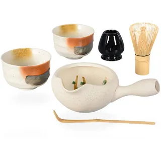 Aricola - NEU! Matcha-Set für Zwei. Beige-braune Keramik, Japanisch, Handgeformt und gebrannt, 450 Milliliter, 6 Teile, Matcha-Zubereitung und -Teilen, Gesellschaft, Erwachsene