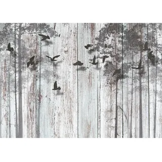Runa Art Fototapete Abstrakt Holzoptik Vögel Modern Vlies Wohnzimmer Schlafzimmer - Made in Germany - 308 x 220 cm Schwarz Blau 9104010a