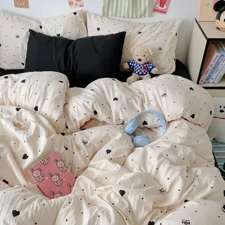Covebett Herz Bettwäsche Set 155x220 2teilig Beige Schwarz Herzen Muster | Romantisch, Herzchen, Punkte Gepunktet, Cute, Mädchen Kinder, Mikrofaser, Bettbezug und 1 Kissenbezug 80x80cm, Reißverschluss