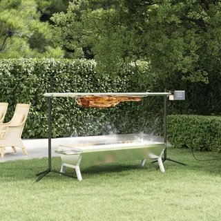 IKAYAA Spanferkelgrill mit Motor, Automatischer Spanferkelgrill, Grillspieß mit Motor Edelstahl, Elektromotor: 15 Watt, Drehspieß aus Edelstahl, stabile, Silber, 150 x 46,5 x 82,5 cm