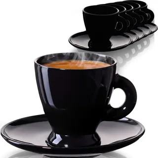 PLATINUX Espressotassen Set – 6 schwarze Espressogläser mit Untertassen aus Glas 93 ml – Kaffeegläser Kaffeetassen - Schwarz