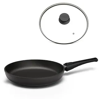 Hoffmann STONIQ Bratpfanne PFAS-frei 26 cm Induktionspfanne Aluminium Handguss Made in Germany | Antihaftbeschichtung mineralisch | abnehmbarer Stiel | backofengeeignet (Mit Glasdeckel, 26 cm)