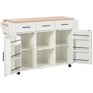 Okwish Küchenwagen mit Klappbarer Arbeitsplatte Rollen Ablagetür Esszimme 139x46x91cm Weiß, Holzwerkstoff, Rechteckig, 139x91.5x46 cm, Küchen, Küchenmöbel, Kücheninseln