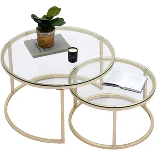 hitsuki Gold Couchtische Glas Couchtisch 2er Set mit 1 Großer Couchtisch Rund und 1 Kleiner Tisch, Beistelltisch Rund aus Metallgestell Wohnzimmertisch Modern, 80+60 cm