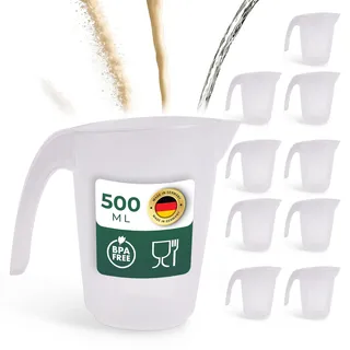 Novaliv Sparset 10x Messbecher 500ml, Meßbecher 0,5l Set transparent mit klarer g/ml Skala für Flüssigkeiten Mehl & Zucker, Made in Germany, Spülmaschinenfest, Rührschüssel Behälter groß klein