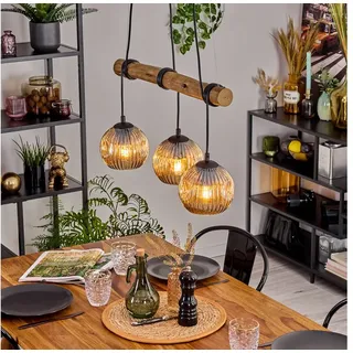 hofstein Pendelleuchte Hängelampe aus Metall/Holz/Riffelglas in Schwarz/Natur/Bernsteinfarben, ohne Leuchtmittel, Hängeleuchte im Retro/Boho Design mit Glasschirmen und Holzbalken, E27 beige